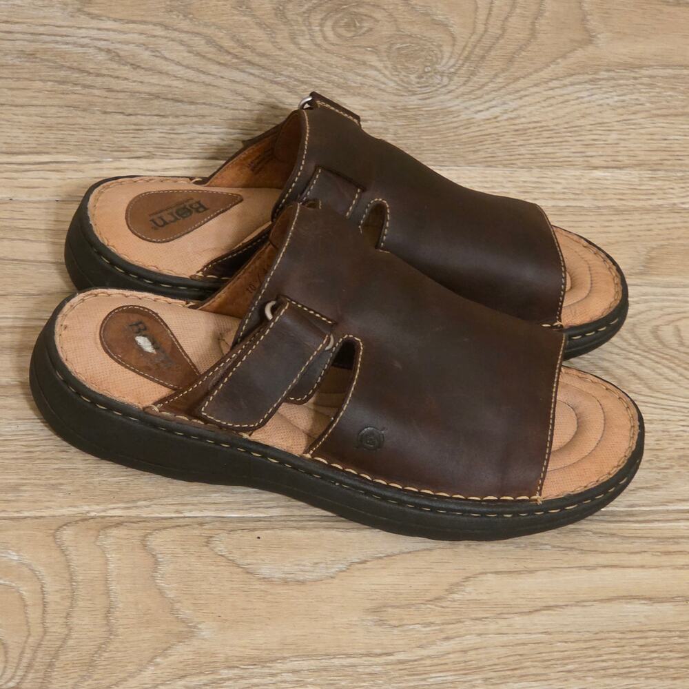 Born Mens Brown Leather Slip On Open Toe Sandals Size 10 / 44 Slides - Picture 4 of 10